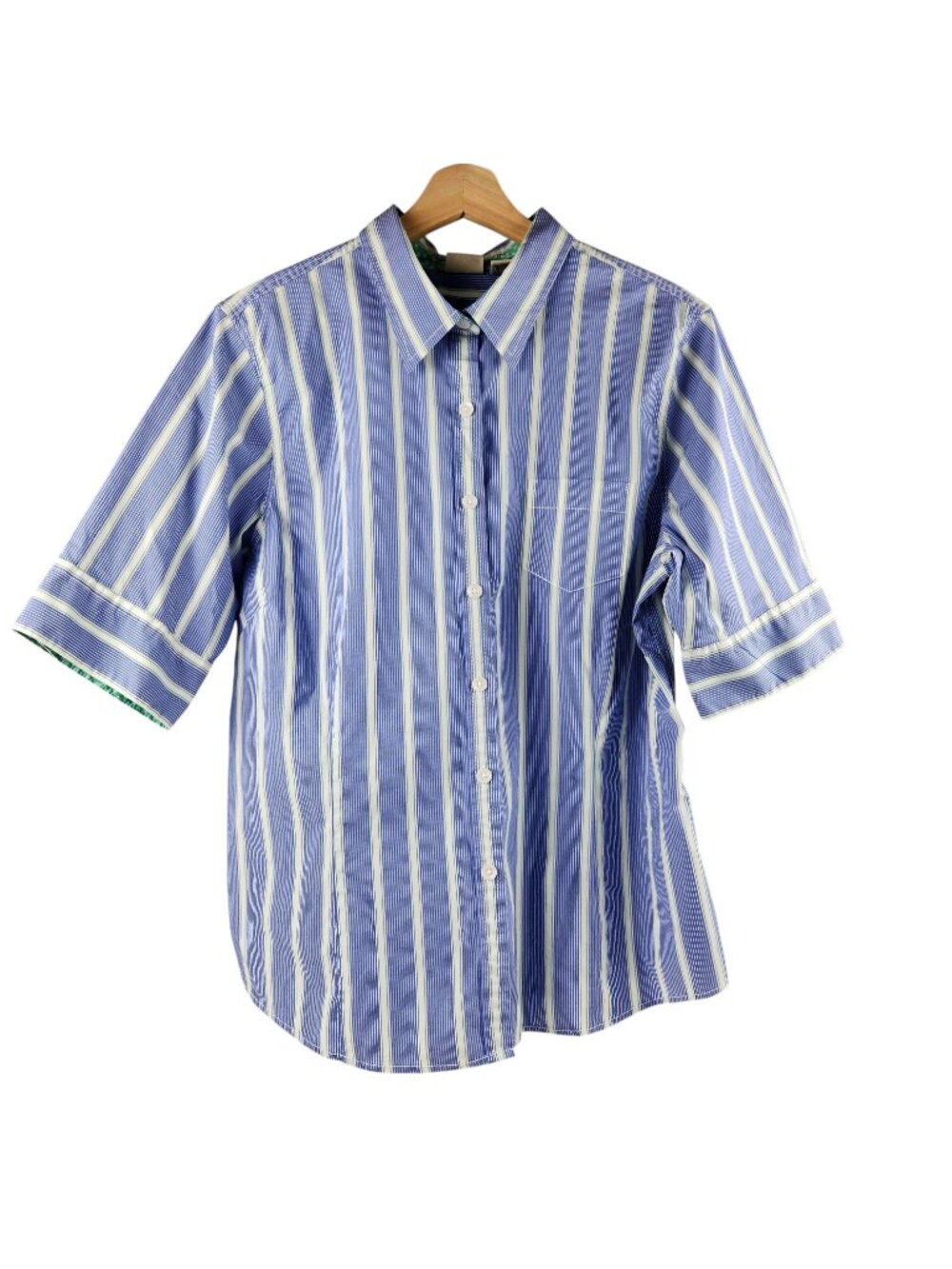 LL Bean Blue White Striped Short Sleeve Top Collar Button Front Pocket Women XL